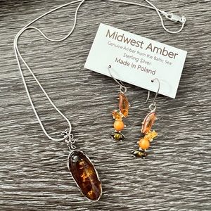 Handmade genuine amber and sterling silver earrings and necklace set NWT